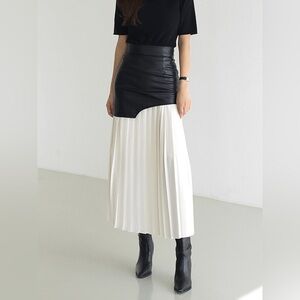 Commense Asymmetric Patchwork Faux Leather‎ Chiffon Pleated Midi Skirt size S/4